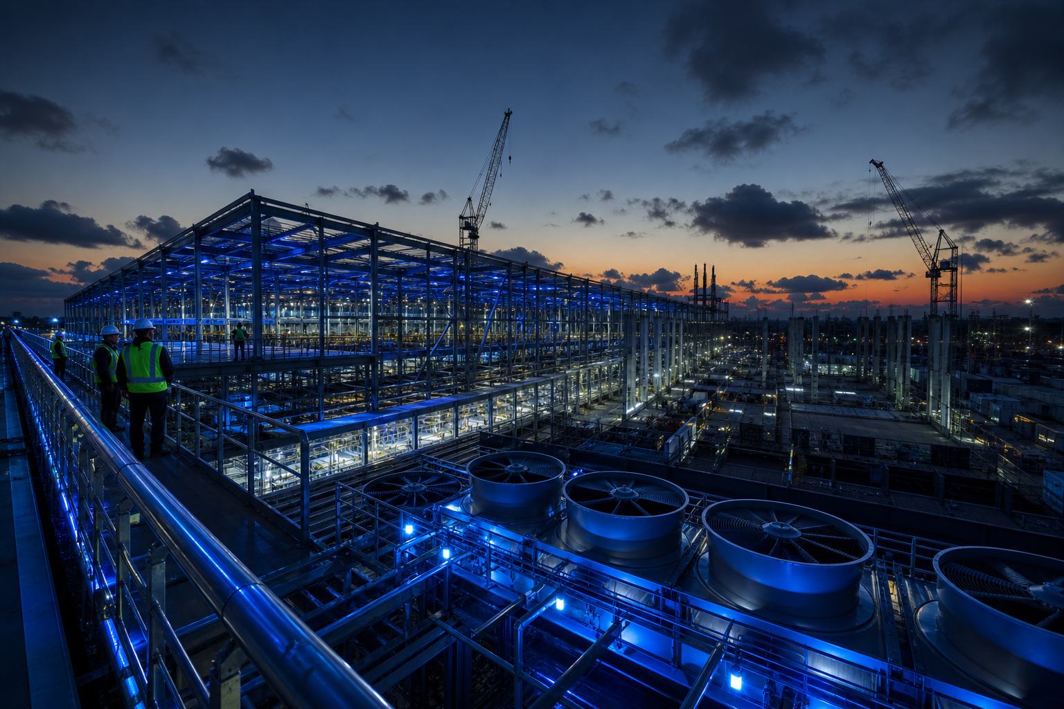 Large-scale data center construction site with field safety presence