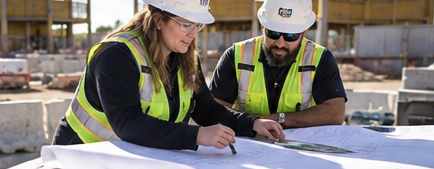 Construction professionals reviewing project drawings
