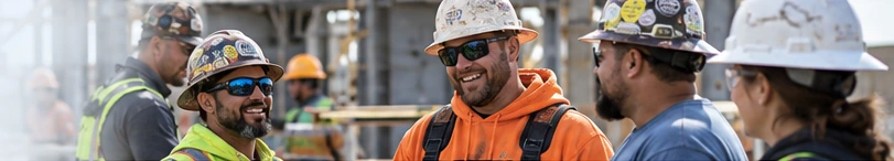 A construction crew talking together on site