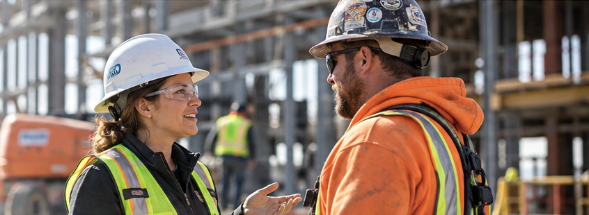 Safety professional speaking with a construction worker on a building site