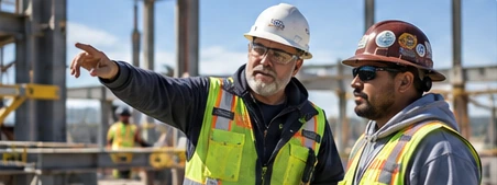 Two safety professionals discussing a construction site