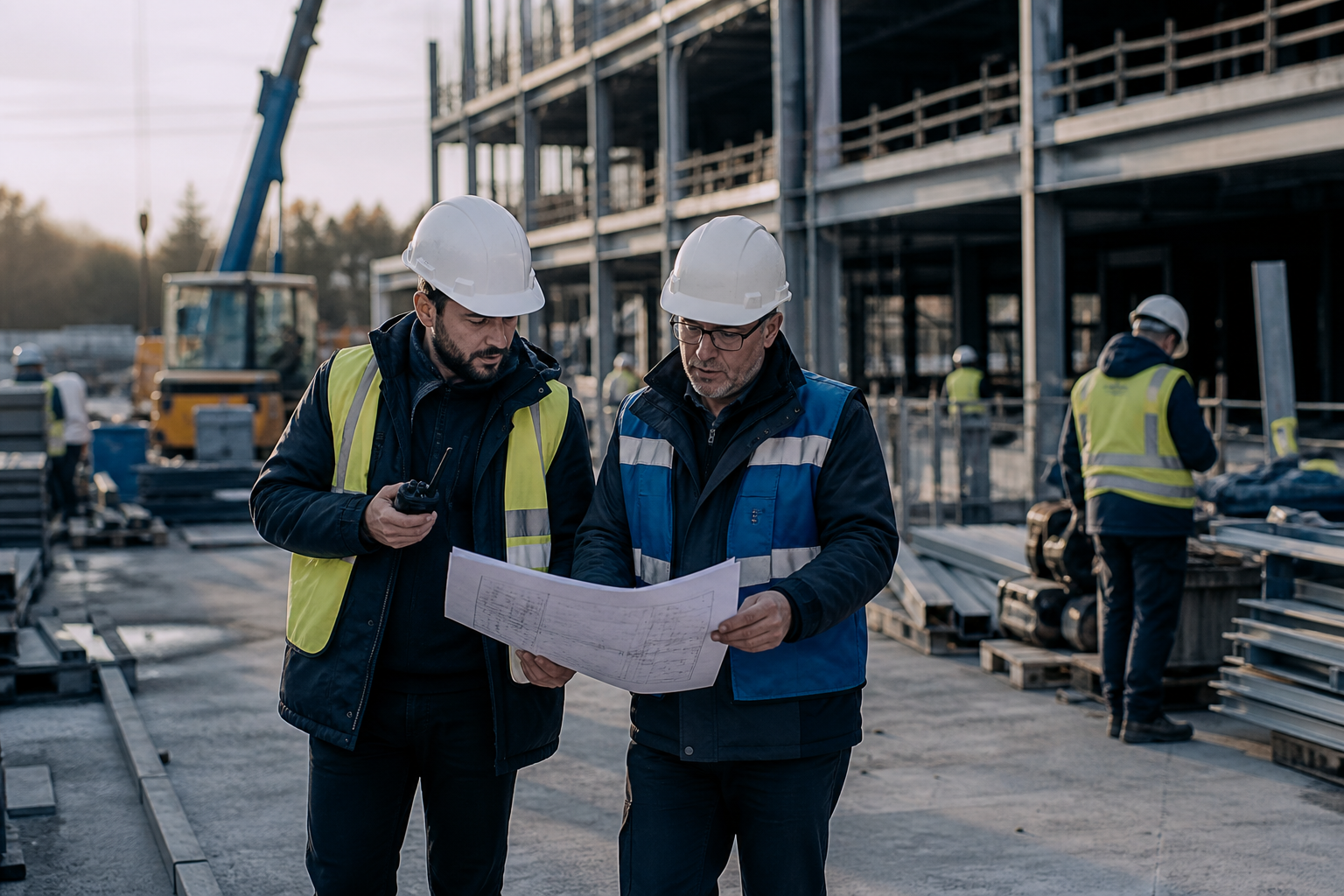 Safety and project leads coordinating on a large commercial build
