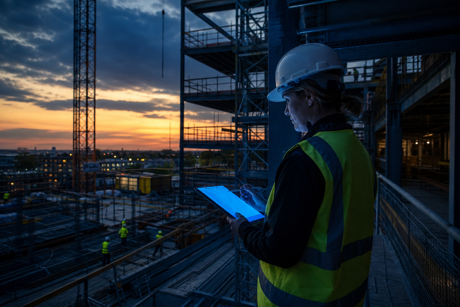 Safety professional assessing hazards on an active construction site