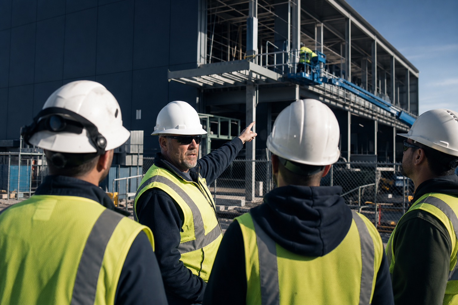 Field safety leader briefing a crew on a data center construction site
